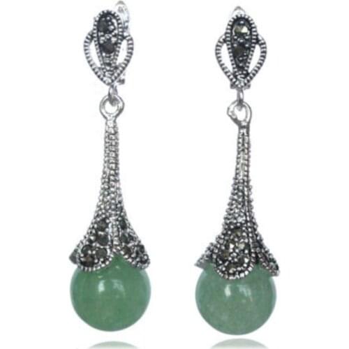 Free Shipping RARE 925 STERLING NATURAL GREEN stone BEADS MARCASITE EARRINGS 14/5"