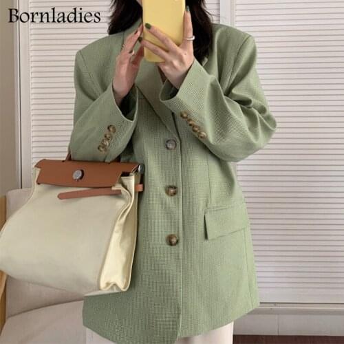 Bornladies Korean Plaid Women Oversized Plaid Green Blazer Casual Single Breasted Suit Jacket Female 2021 Loose Blazer Outwear