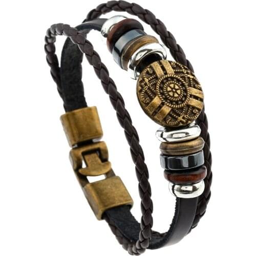 Cuff Bangle Casual Handmade Multilayer Wrap Vintage Bronze Charm Brown Genuine Leather Bracelets Men Jewelry Wholesale