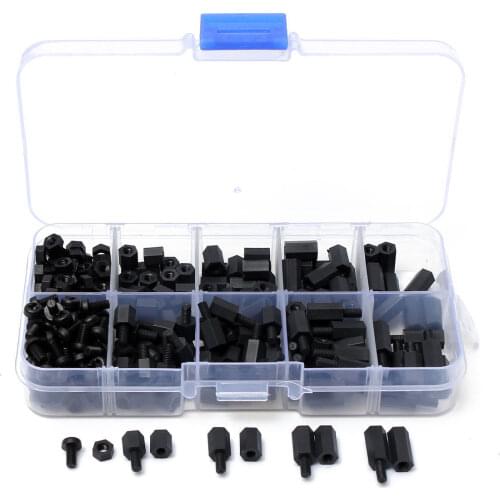CNIM Hot 300pcs M3 Nylon Black M-F Hex Spacers Screw Nut Assortment Kit Stand-off Set