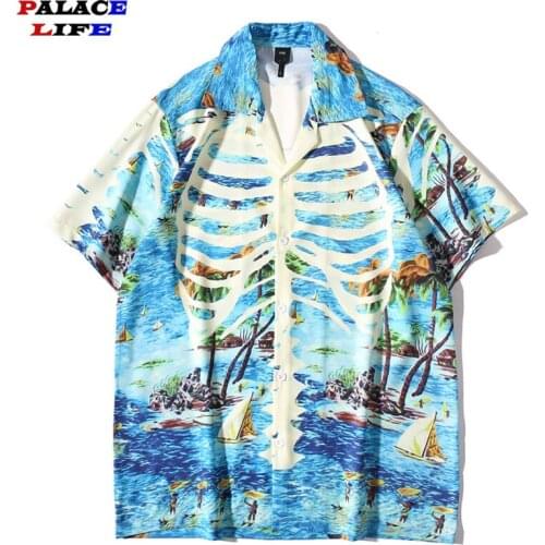 Men Hip Hop Harajuku Hawaiian Shirt Streetwear Marine Skeleton Print Beach Shirt 2021 Summer Short Sleeve Aloha Shirt Thin