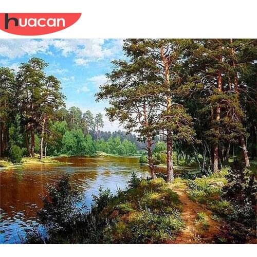 HUACAN Painting By Number Tree Scenery For Adults Picture By Numbers Lake Acrylic Paint On Canvas DIY Frame Home Decoration