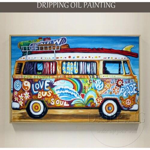 Painter Handmade High Quality Modern Wall Art Colorful Bus Oil Painting on Canvas Big Car Caravan Oil Painting for Living Room