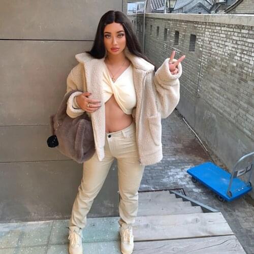 2 Colors Classic Super Warm European And American Style Double Pocket Zipper Lamb Wool Short Coat