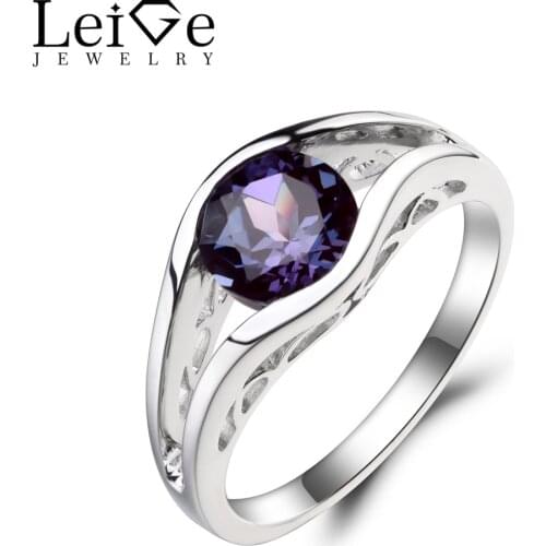 Leige Jewelry Solitaire Ring Lab Alexandrite Ring Wedding Ring Round Cut Gemstone Solid 925 Sterling Silver Ring June Birthstone