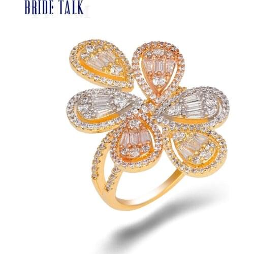 Bride Talk Fashion Three Tone Micro Paved Cubic Zircon Six Leaf Delicate Rings For Female Jewelry Wedding Engagement Gifts