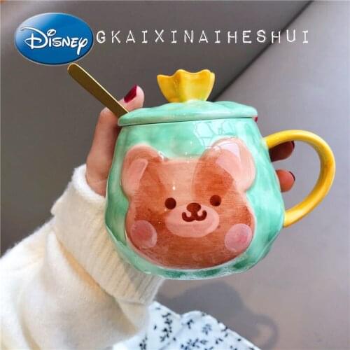 Disney Cute Cartoon Breakfast Creative Water Cup Girl Heart Student Ceramic Cup with Lid Spoon Mug High-value Bear Cup