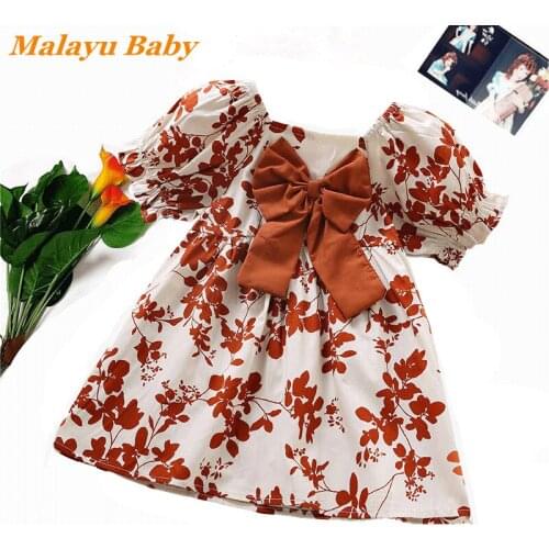 Malayu Baby Girls Dress 2021 Summer New Sweet Child Flower Bowknot Puff Sleeve Princess Dress 2-6 Years Old Childrens Clothing