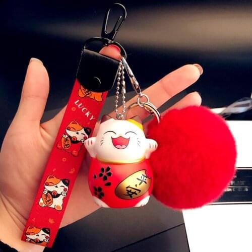 Cute Fluffy Rabbit Fur Ball Key Chains Smiley Face Lucky Cat Pompom Keychain Wristband Pompon Key Ring Bag Charm Car Key Chain