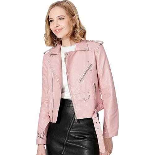 Trendy Autumn Women Faux Leather Jackets Lady Pu Leather Coat Bomber Motorcycle Biker Pink Black Outerwear with Belt