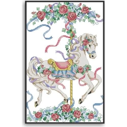 Cartoon Rose Horse Embroidery Set Pattern Counted 11CT 14CT Cross Stitch Kit DIY Needlework Home Decor D453