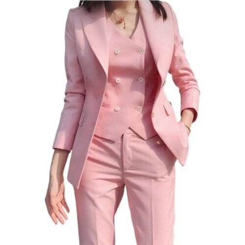 2021 Fashion New Ladies Business Solid Color Suits Trousers Waistcoat / Womans Pink Commuter Blazers Jacket Pants Vest Set
