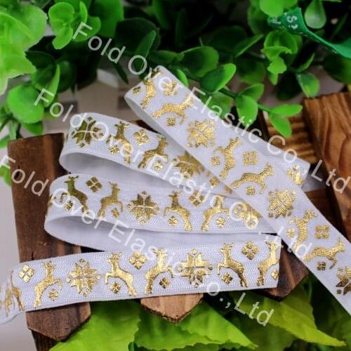 New design!! 5/8" gold foil deer printed fold over elastic for christmas 029 white foe elastic 100yards/lot wholesale
