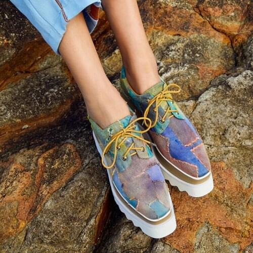 High-heeled platform shoes, square head lace-up shoes, womens shoes, single shoes, national wind color painted womens shoes