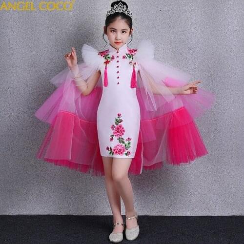 2 Pieces Girls Cheongsam 2021 Summer Detachable Catwalk Costumes Children Flower Girl Carnaval Princess Dress Abiti da bambina