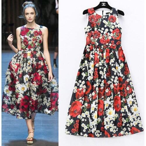 Customize Women Summer Autumn Vestido Ladies Casual Slim Fit Plus Size Sleeveless Flower Print Cotton Celebrity Runway Dress