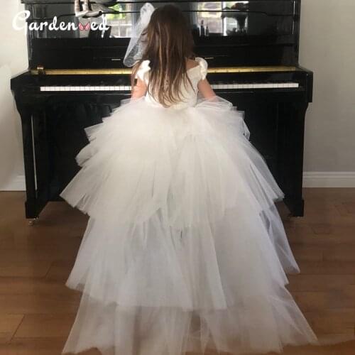 Puffy High/low Layers Flower Girl Dresses Bow Shoulder Girl Pageant Dresses Backless Detachable Long Train Baby Communion Dress