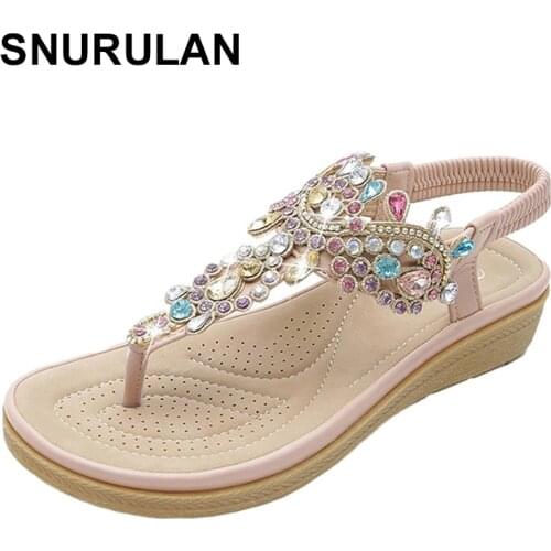 SNURULAN New Summer Pu Sandals Fairy Style Flat Bohemian Breathable Fashion Beach Rhinestone Flat Bottom Slope Vulcanize Heel