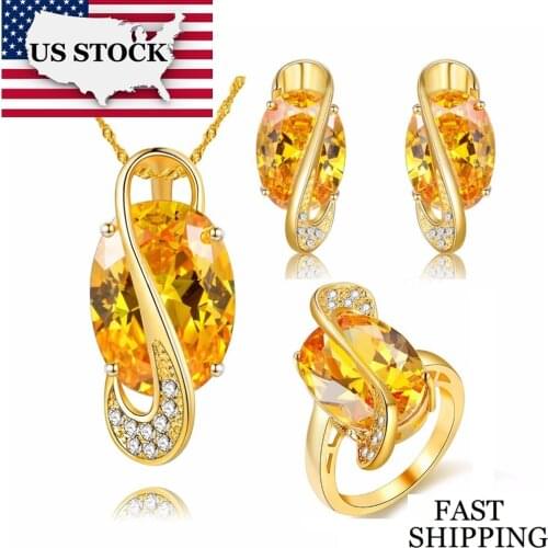 USA STOCK Uloveido Yellow Gold Color Crystal Jewelry Wedding Parure Bijoux Femme Ring Necklace and Earrings Jewelry Sets Y183