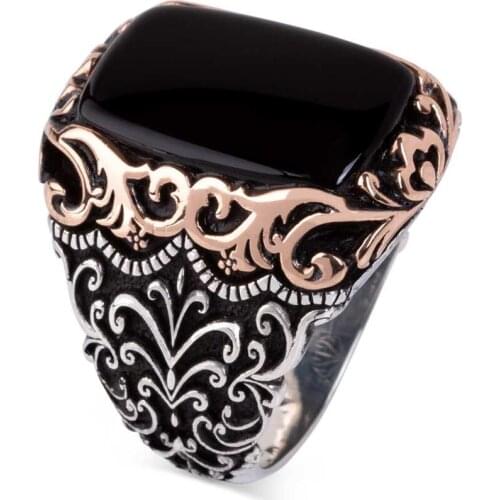 Ornate Rectangle Black Onyx Gemstone Ring Detailed Men Ring Vintage Handmade Men Jewelery Top Quality Fashionable Silver Ring