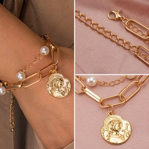 Boho Gold Pearl Beads Bracelets Chains Multilayer Bracelet for Women Girls Punk Jewelry 2021 trend Charms Punk Vintage Bracelets