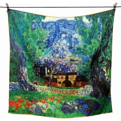 Spring new style French retro Van Gogh oil painting tree 90cm hand-rolled all-match ladies square scarf shawl sunscreen towel