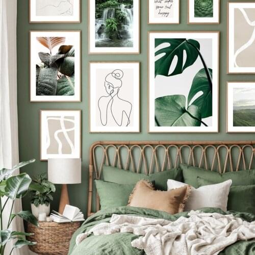 Waterfall Monstera Leaves One Line Lady Beige Curves Nordic Poster Wall Art Print Canvas Painting Decor Pictures For Living Room