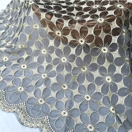 High quality Mesh lace fabric 3D Gold beads sequins rose embroidery fabric Transparent mesh fabric for dress DIY patchwork