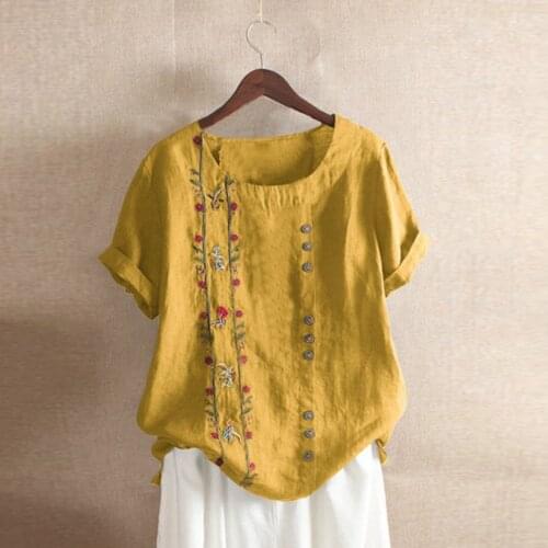 @ Plus Size M-5xl Summer Women Blouse Linen Bohemian Floral Embroidered Loose Women Blouse Tops Short Sleeves Blusas Mujer