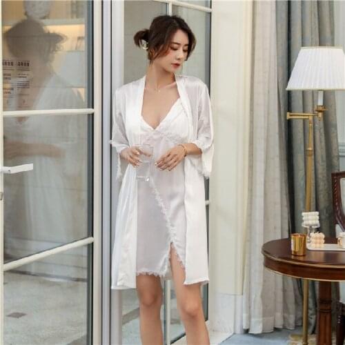 2021 Summer New Sexy Sling Nightdress Robe Solid with Bra 2Pcs Sets Nightgown Womens Nightwear Home Wear Sleepwear Bathrobe