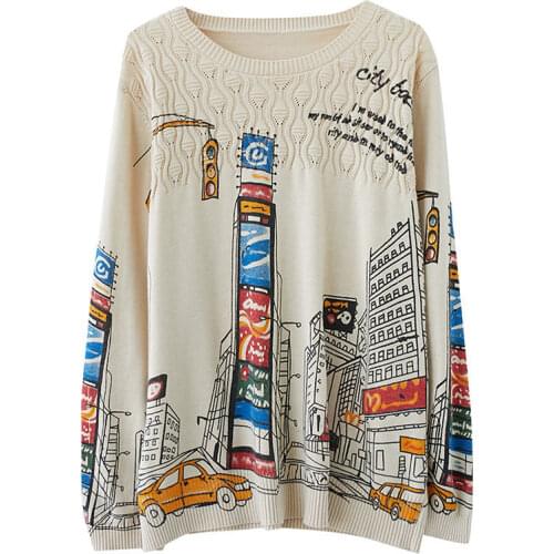 Retro literature and art 2021 spring and autumn new round neck printed wool sweater women loose casual bottoming shirt