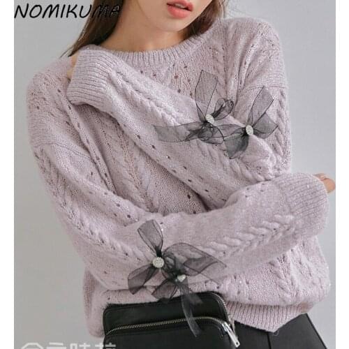 Nomikuma Sweet Bowknot Woman Sweaters Autumn Winter Solid Long Sleeve Pullover Knitwear 2021 New Knitted Tops Jumper 6Z524