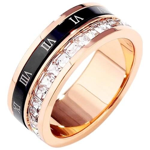 Ring for Women Single Row AAA Zircon Roman Numerals Circle Stainless Steel Finger Accessories Rose Gold Wedding Jewelry(GR405)