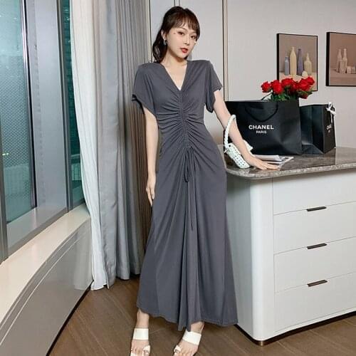 Fashion Korean Vintage Short Sleeve Maxi Party Dress Ladies OL Elegant Robe Casual V-Neck Drawstring Folds Beach Vacation Dress