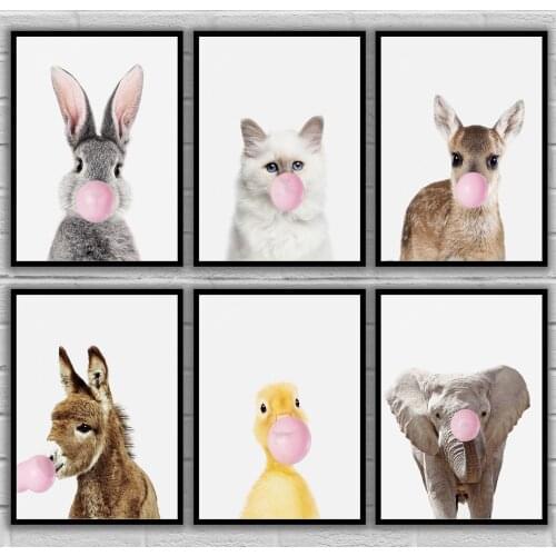 Bubble Chewing Gum Giraffe Bunny Cat Deer Donkey Duckling Elephant Posters Canvas Art Painting Wall Art