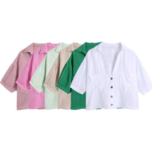 ZXQJ Women 2021 Fashion With Pockets Loose Cropped Blouses Vintage Short Sleeve Button-up Female Shirts Blusas Chic Tops