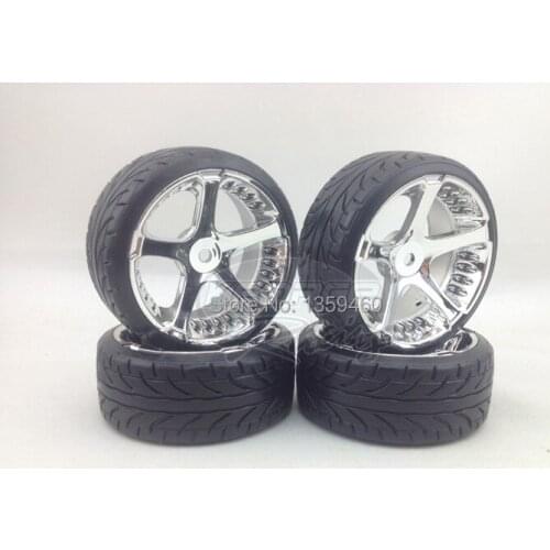 4pcs RC Hard Pattern Drift Tires Tyre Wheel Rim 5Spoke W5S5C 3mm offset (Chrome) fits for 1:10 Drift Car