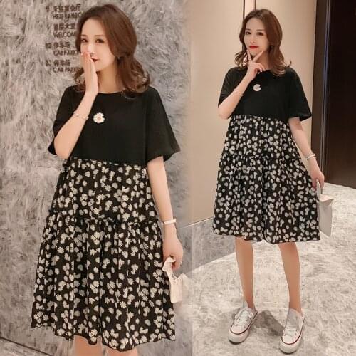 8657# Maternity Dress Summer Cotton Short Sleeve Loose Stylish Floral Dress for Pregnant Women Mom Dress
