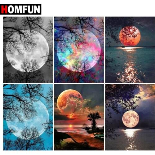 HOMFUN Diamond Painting "Moon sea night view" Cross Stitch Custom Photo Diamond Embroidery Square Round Drill Home Decor