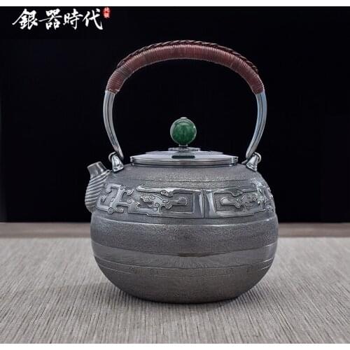 Ag999 Sterling Silver Teapot Hand-Carved Kitchen Utensils Handmade Coffee Tea Pot