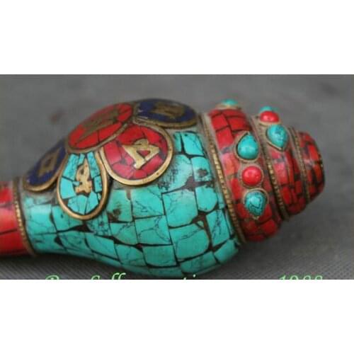 DECORATIVE HANDMADE NEPAL TIBETAN OLD SILVER INLAY CONCH SHELL BUDDHISM FOLK TURQUOISE RED CORAL WORD SEA CONCH TRUMPET HORN