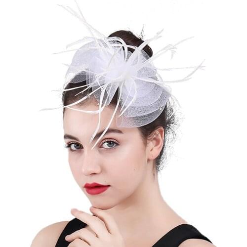 Elegant Party White Hat Hair Fascinator Combs Tulle Bow Hair Accessoires with Feather Gorgeous Fascinators Women Headdress