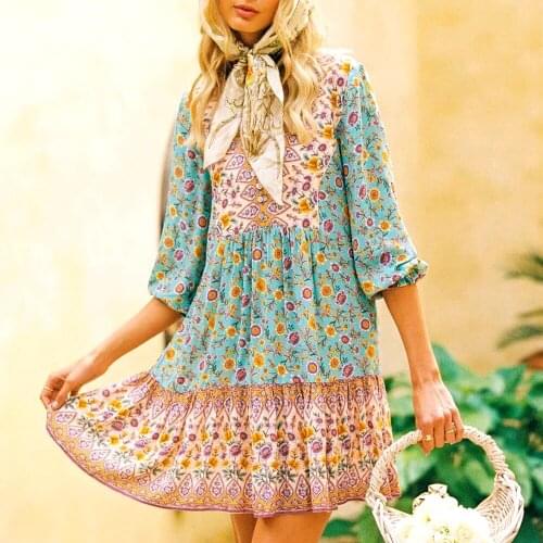 GypsyLady Boho Chic Floral Mini Dress Vintage Casual Summer Srping Women Dress Long Sleeve V-neck Button Front Female Dress