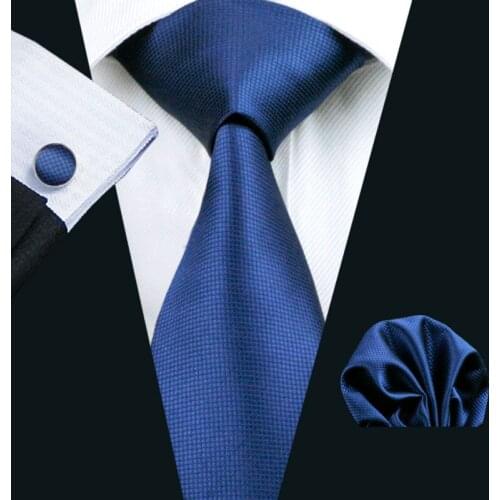 LS-326 Hot Men`s Tie Blue Solid Fashion 100% Silk Jacquard Woven Tie+Hanky+Cufflink Set For Men Formal Wedding Party Business