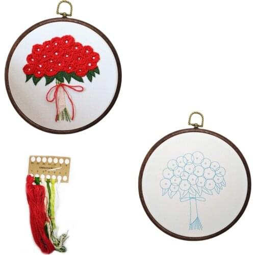 DIY Flower Bouquet Embroidery Painting Kit with Hoop for Beginner Cross Stitch Set Needlework Sewing Art Handicraft Home Decor