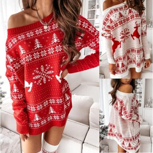 2021 New Woman Sweaters O Neck Elk Snowflake Christmas Xmas Pullover Sweater Knit Mini Sweaters Dress Mujer