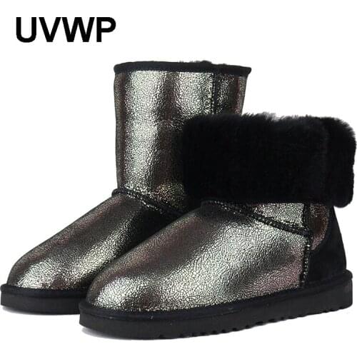 UVWP New Top Quality 100% Natural Fur Snow Boots for Women Genuine Sheepskin Warm Winter Boots Women Wool Mid Boots Snow Shoes