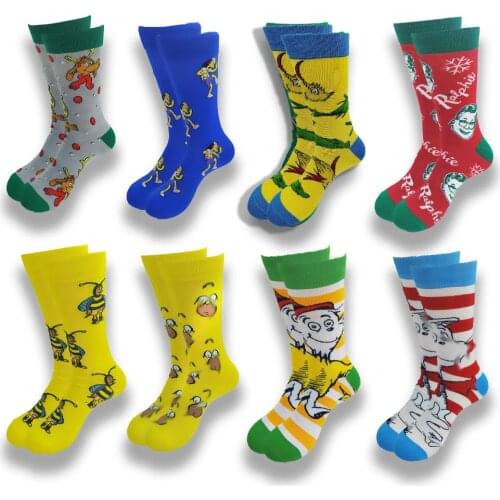 A Pair of Autumn and Winter Cartoon Animal Men and Womens Socks Yellow Blue Red Orange Green Grey Tube Senior Sewing Crew