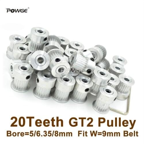 POWGE 100pcs 20 Teeth GT2 Timing Pulley Bore 5/6/6.35/8mm Fit Width=9mm 2GT Synchronous Belt 20Teeth 20T 2GT Timing Belt Pulley