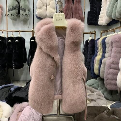 2020 New Real Fox Fur Vest Round neck Multicolor Vest Women Fur with belt Genuine Fox long Style Pelt Fur Coat For Women Winter